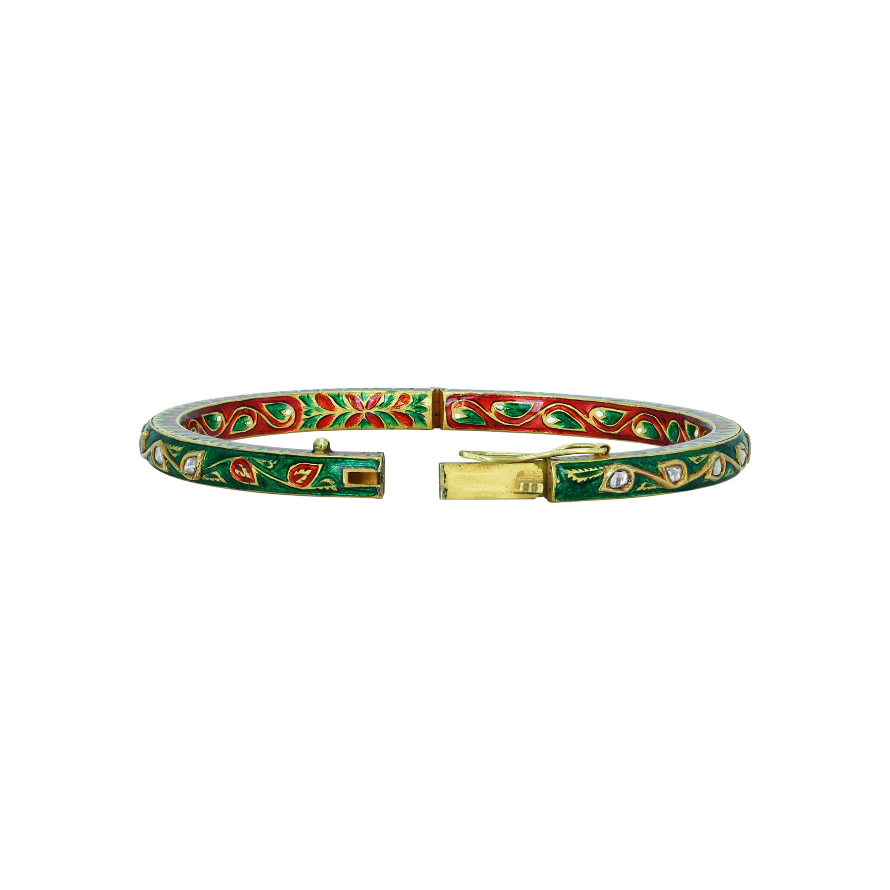 Polki Bangle with Green and Red Enamel Floral Design
